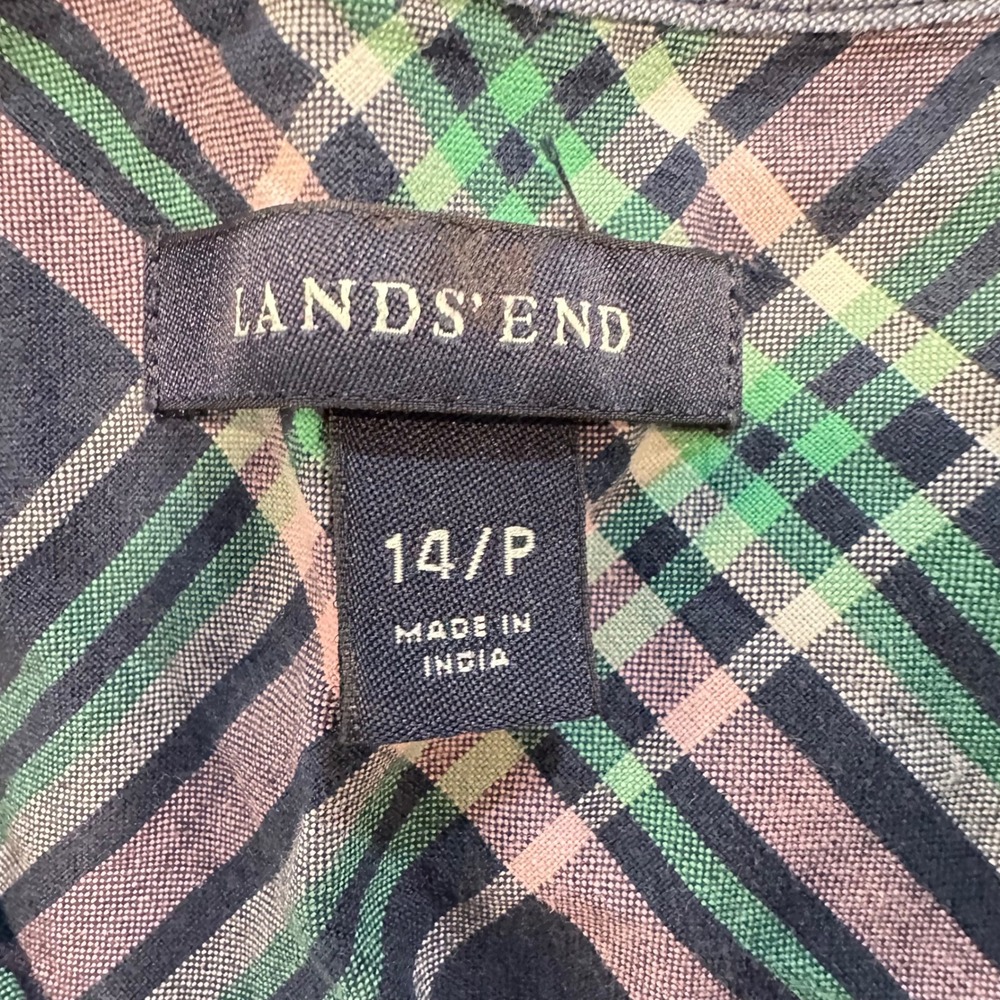 Lands' End Shirt Dress Women 14P Blue Green Plaid Cotton Drawstring Waist Pocket - Picture 3 of 11